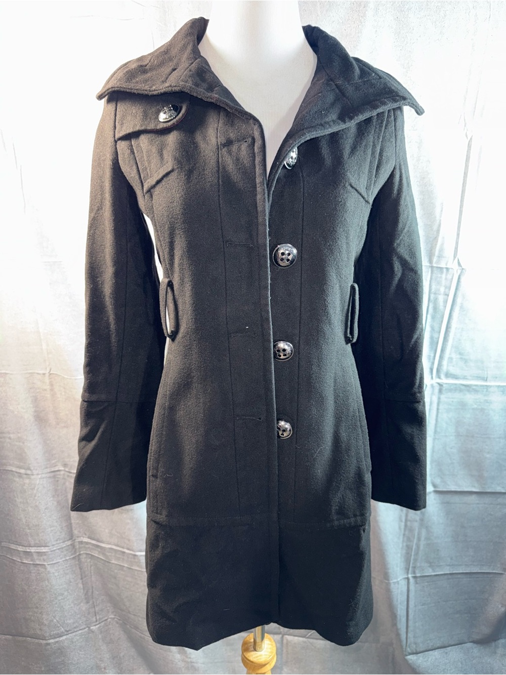 36A-Black Rivet Women's Black Wool Pea Coat with Button Front